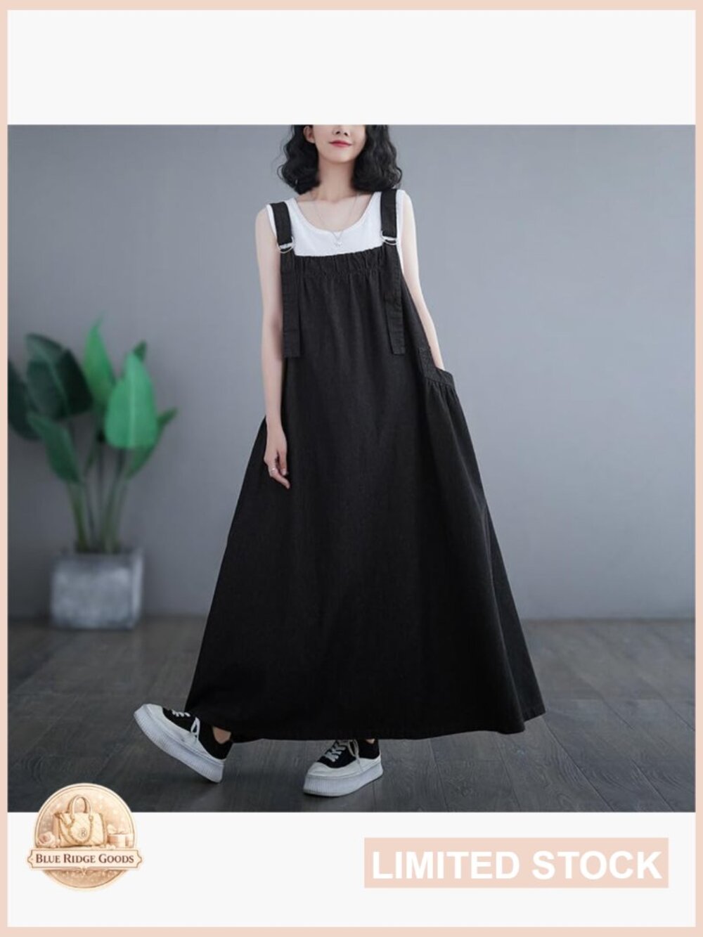 Denim Jumper Dress Loose Fit Maxi Length Adjustable Straps Casual Y2K Style - Picture 2 of 7